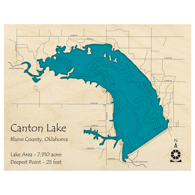 Bathymetric topo map of Canton Lake, OK with roads, towns and depths noted in blue water.