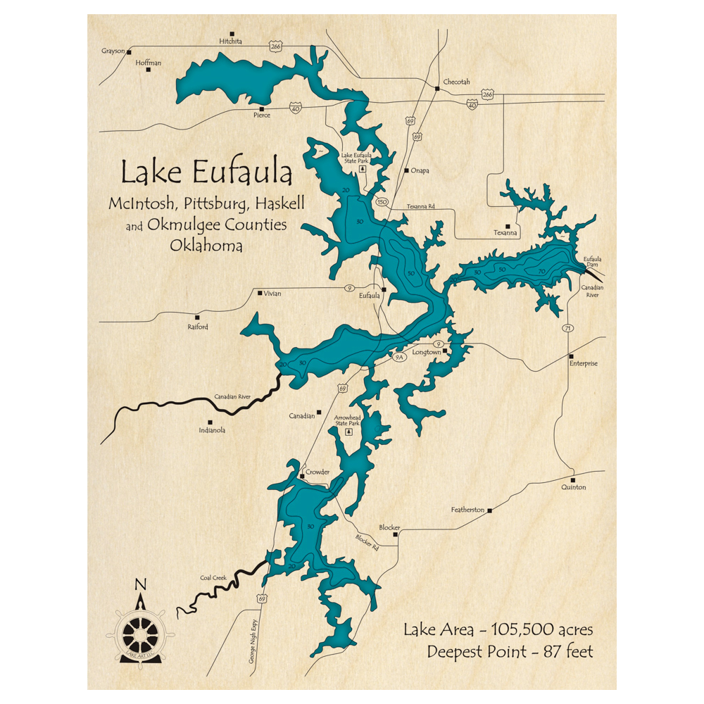 Bathymetric topo map of Lake Eufaula, OK with roads, towns and depths noted in blue water.
