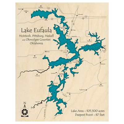 Bathymetric topo map of Lake Eufaula, OK with roads, towns and depths noted in blue water.