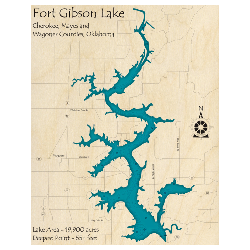Bathymetric topo map of Fort Gibson Lake, OK with roads, towns and depths noted in blue water.