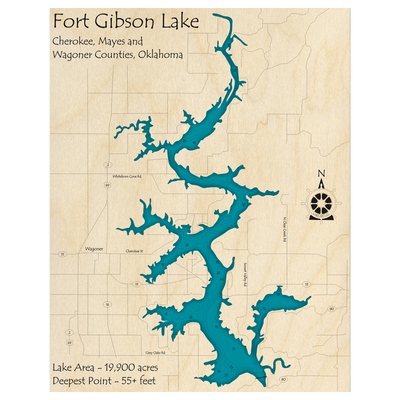 Bathymetric topo map of Fort Gibson Lake, OK with roads, towns and depths noted in blue water.
