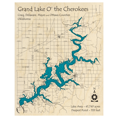 Bathymetric topo map of Grand Lake O the Cherokees, OK with roads, towns and depths noted in blue water.