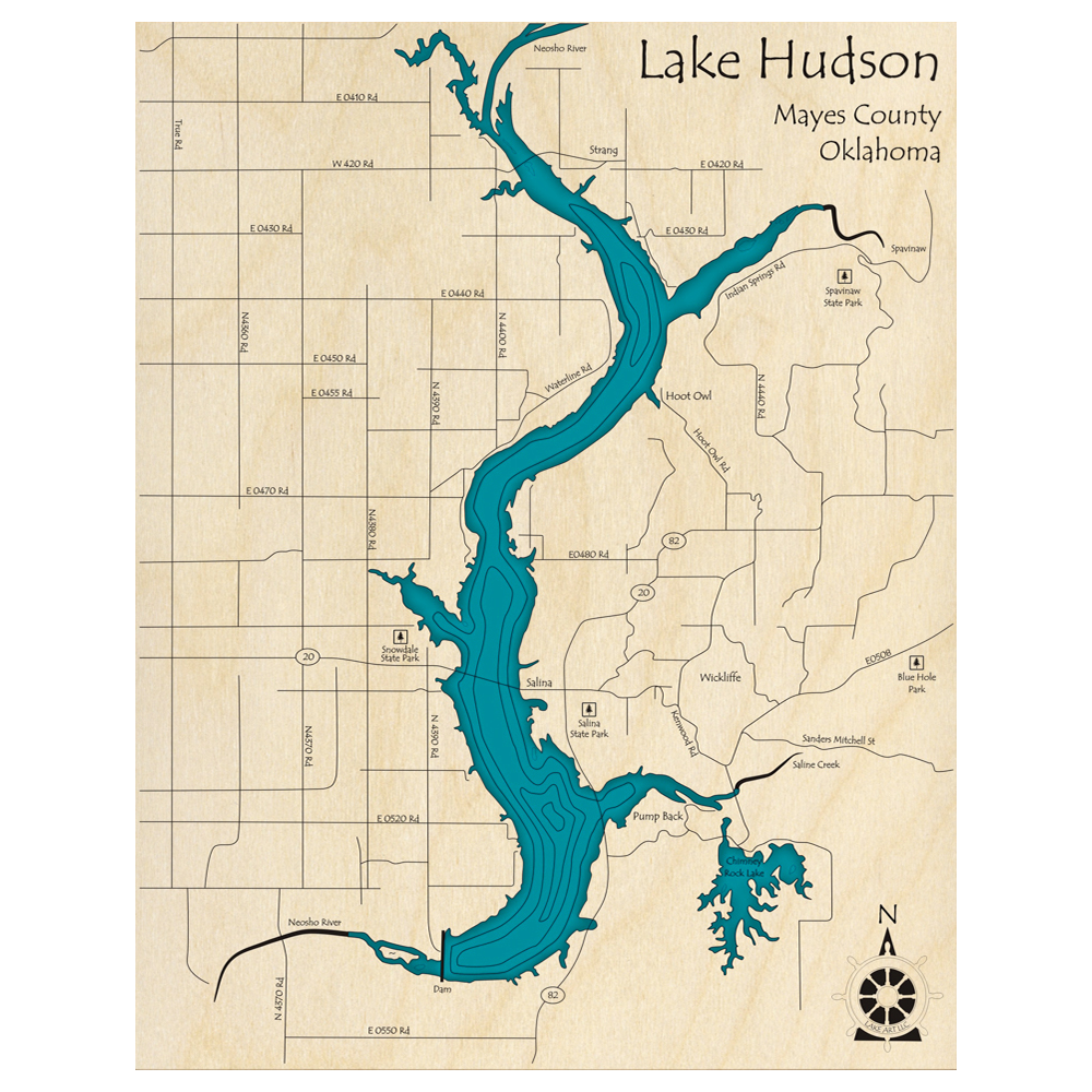 Bathymetric topo map of Lake Hudson, OK with roads, towns and depths noted in blue water.