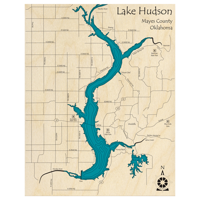 Bathymetric topo map of Lake Hudson, OK with roads, towns and depths noted in blue water.