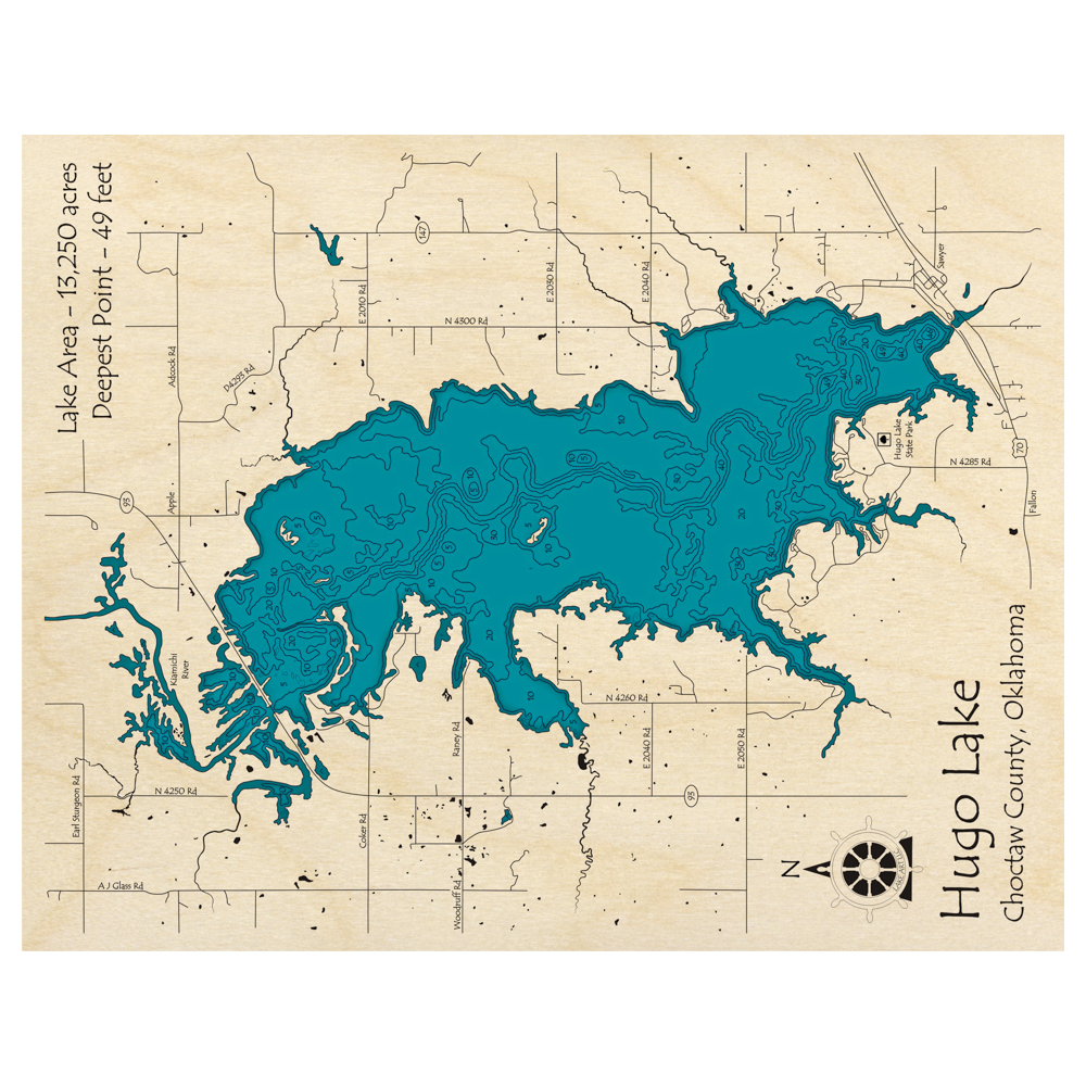 Bathymetric topo map of Hugo Lake, OK with roads, towns and depths noted in blue water.