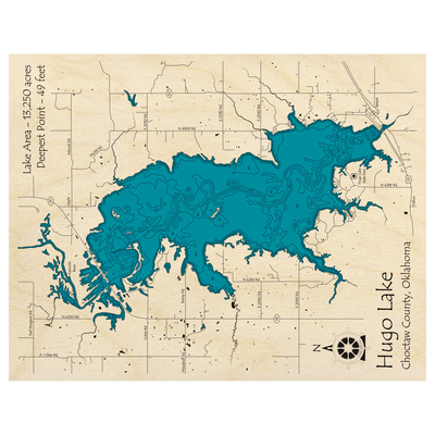 Bathymetric topo map of Hugo Lake, OK with roads, towns and depths noted in blue water.