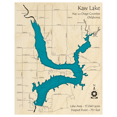 Bathymetric topo map of Kaw Lake, OK with roads, towns and depths noted in blue water.