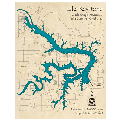 Bathymetric topo map of Lake Keystone, OK with roads, towns and depths noted in blue water.