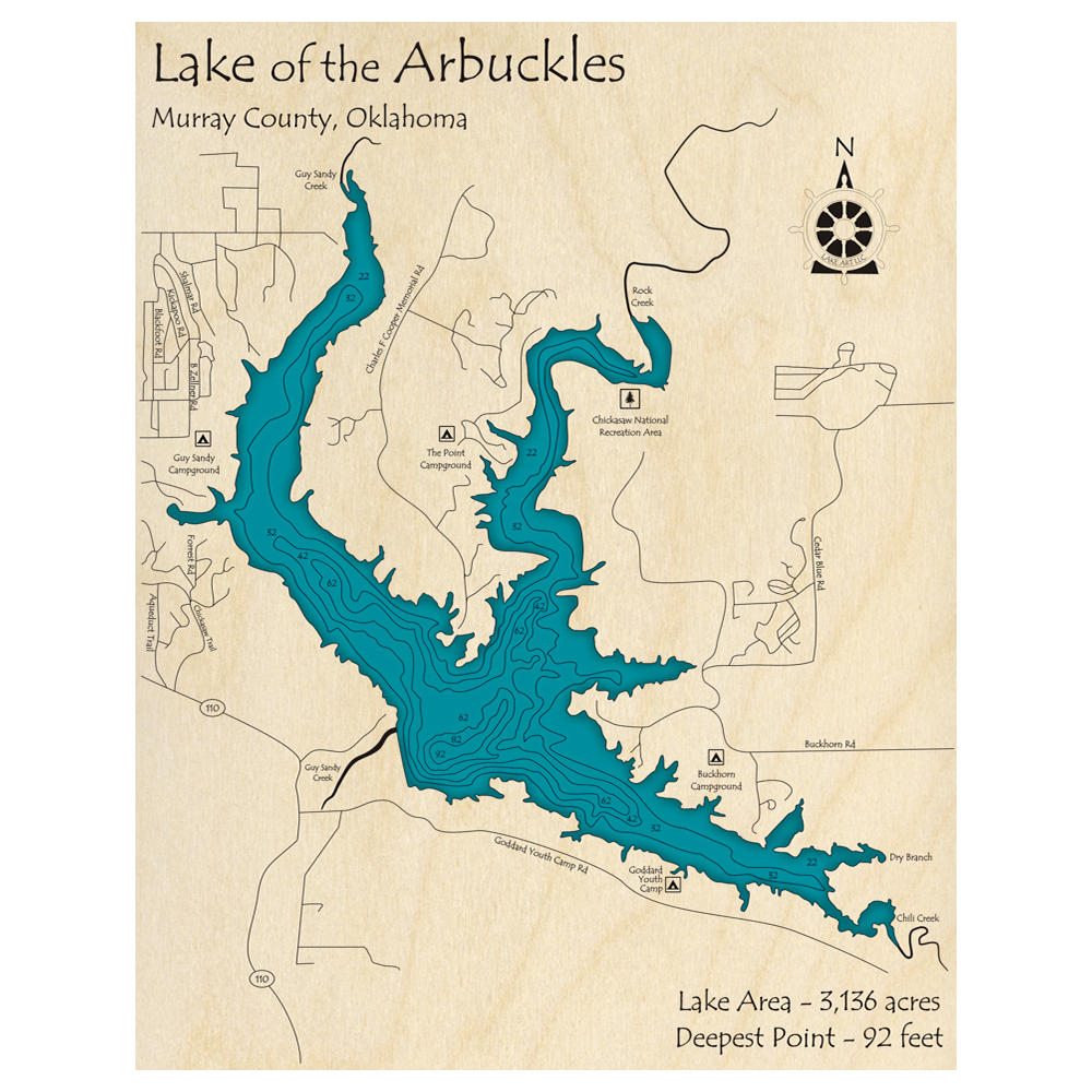 Bathymetric topo map of Lake of the Arbuckles, OK with roads, towns and depths noted in blue water.