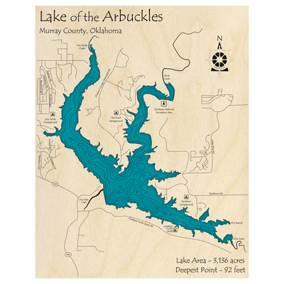 Bathymetric topo map of Lake of the Arbuckles, OK with roads, towns and depths noted in blue water.