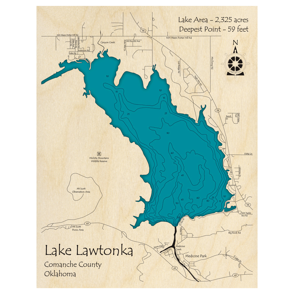 Bathymetric topo map of Lake Lawtonka, OK with roads, towns and depths noted in blue water.