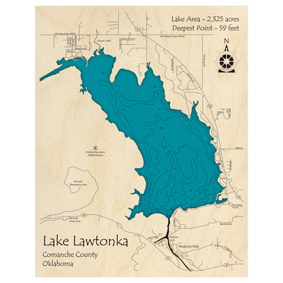 Bathymetric topo map of Lake Lawtonka, OK with roads, towns and depths noted in blue water.