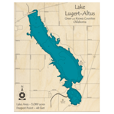 Bathymetric topo map of Lake Lugert-Altus, OK with roads, towns and depths noted in blue water.