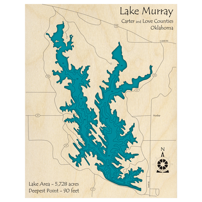 Bathymetric topo map of Lake Murray, OK with roads, towns and depths noted in blue water.