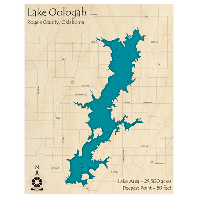 Bathymetric topo map of Lake Oologah, OK with roads, towns and depths noted in blue water.