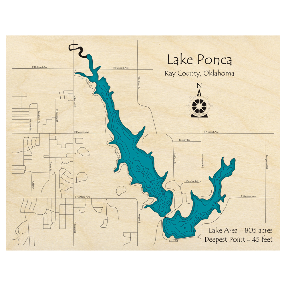 Bathymetric topo map of Lake Ponca, OK with roads, towns and depths noted in blue water.