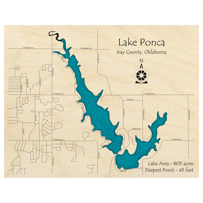 Bathymetric topo map of Lake Ponca, OK with roads, towns and depths noted in blue water.