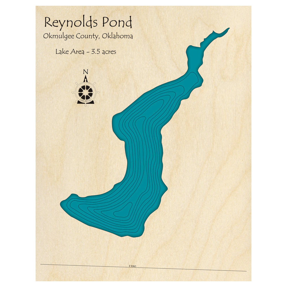 Bathymetric topo map of Reynolds Pond, OK with roads, towns and depths noted in blue water.