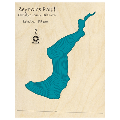 Bathymetric topo map of Reynolds Pond, OK with roads, towns and depths noted in blue water.