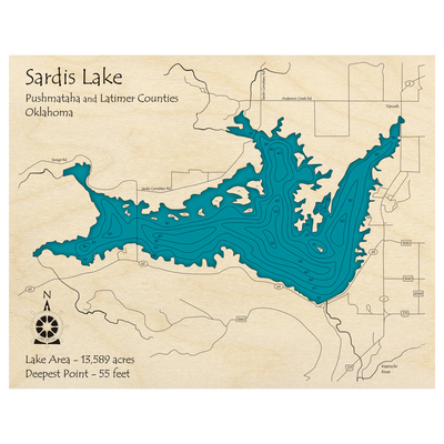 Bathymetric topo map of Sardis Lake, OK with roads, towns and depths noted in blue water.