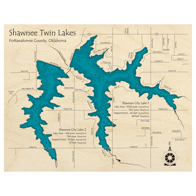 Bathymetric topo map of Shawnee Twin Lakes, OK with roads, towns and depths noted in blue water.