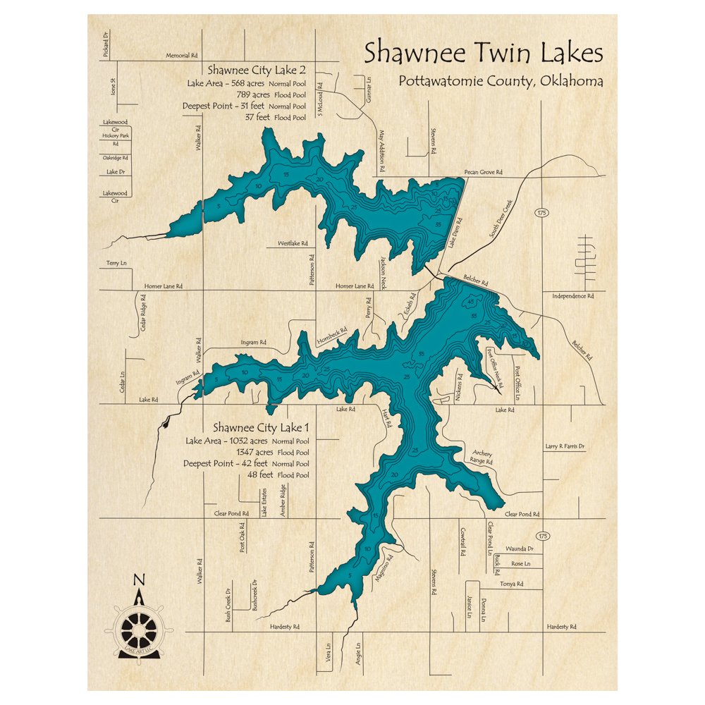 Bathymetric topo map of Shawnee Twin Lakes, OK with roads, towns and depths noted in blue water.