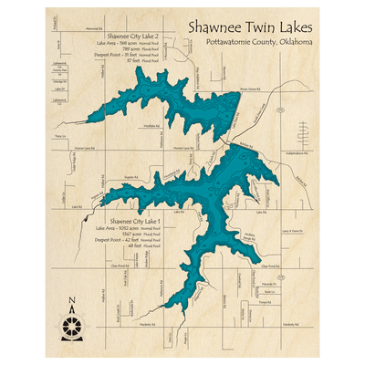 Bathymetric topo map of Shawnee Twin Lakes, OK with roads, towns and depths noted in blue water.