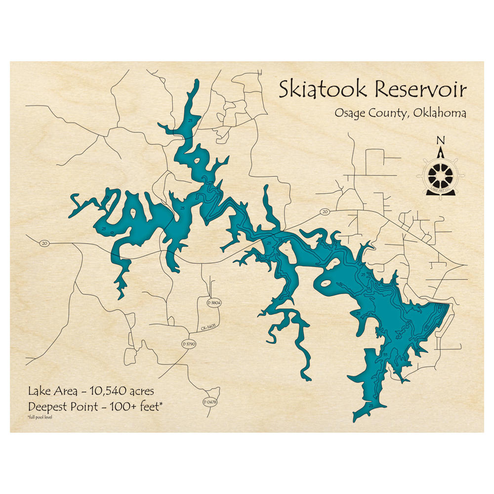 Bathymetric topo map of Skiatook Reservoir, OK with roads, towns and depths noted in blue water.