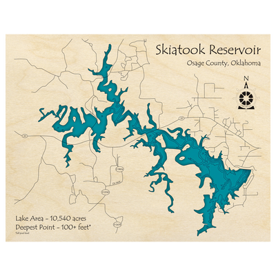 Bathymetric topo map of Skiatook Reservoir, OK with roads, towns and depths noted in blue water.
