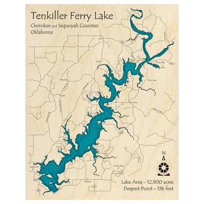 Bathymetric topo map of Tenkiller Ferry Lake, OK with roads, towns and depths noted in blue water.