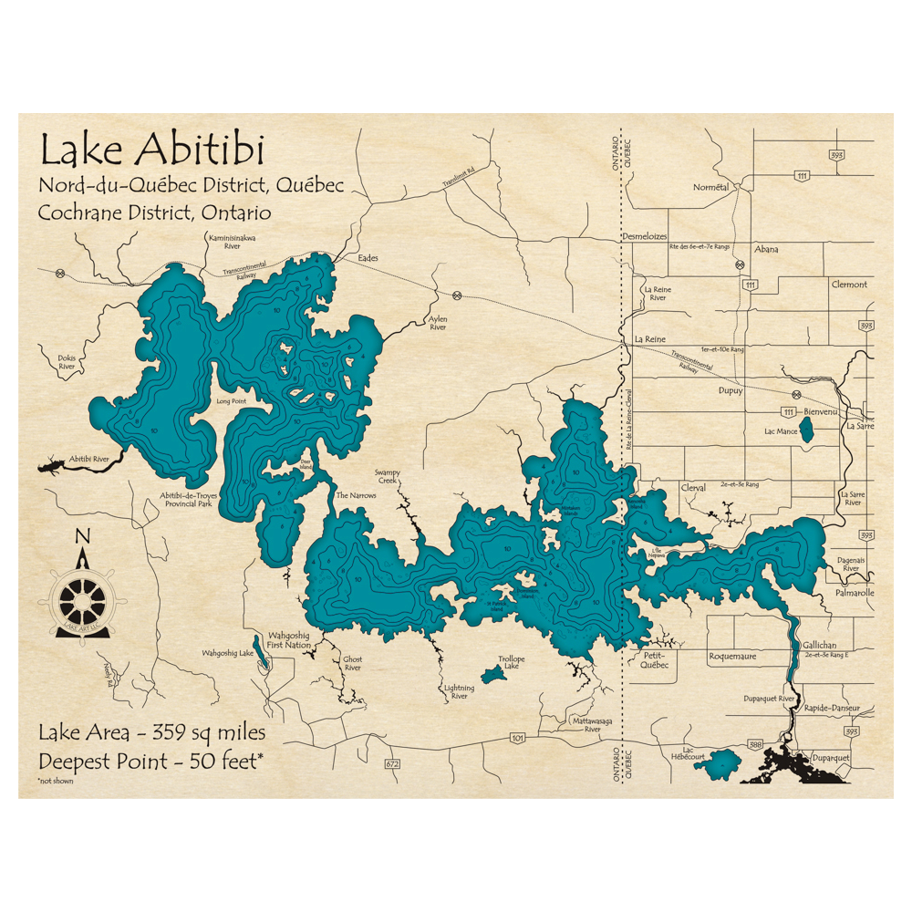 Bathymetric topo map of Lake Abitibi (ON, QC) with roads, towns and depths noted in blue water.