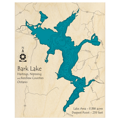 Bathymetric topo map of Bark Lake, ON with roads, towns and depths noted in blue water.