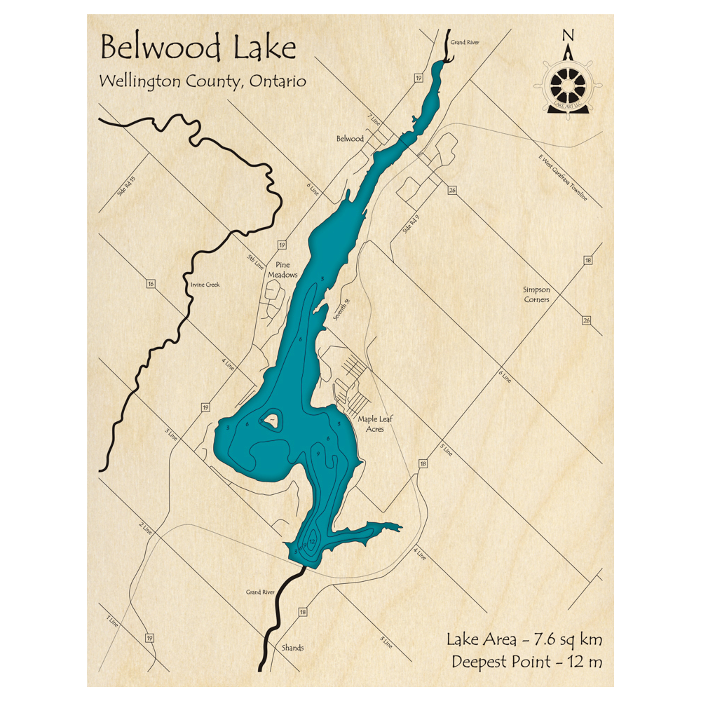 Bathymetric topo map of Belwood Lake, ON with roads, towns and depths noted in blue water.