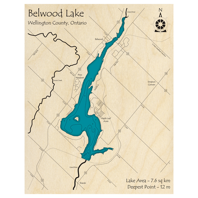 Bathymetric topo map of Belwood Lake, ON with roads, towns and depths noted in blue water.