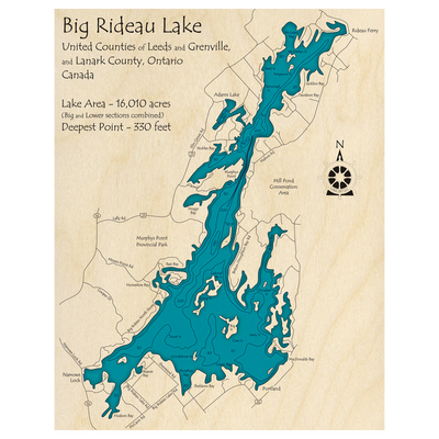 Bathymetric topo map of Rideau Lake, ON with roads, towns and depths noted in blue water.