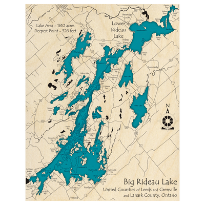 Bathymetric topo map of Rideau Lake, ON with roads, towns and depths noted in blue water.
