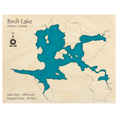 Bathymetric topo map of Birch Lake, ON with roads, towns and depths noted in blue water.