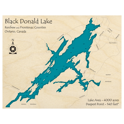 Bathymetric topo map of Black Donald Lake, ON with roads, towns and depths noted in blue water.
