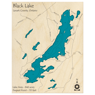 Bathymetric topo map of Black Lake, ON with roads, towns and depths noted in blue water.