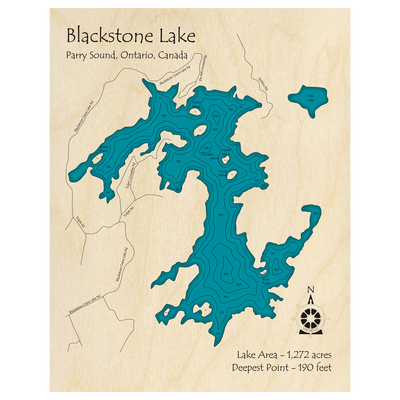 Bathymetric topo map of Blackstone Lake, ON with roads, towns and depths noted in blue water.