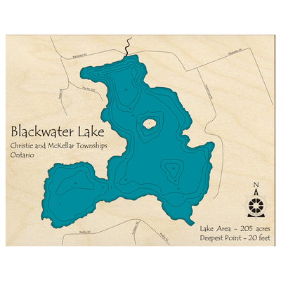 Bathymetric topo map of Blackwater Lake, ON with roads, towns and depths noted in blue water.