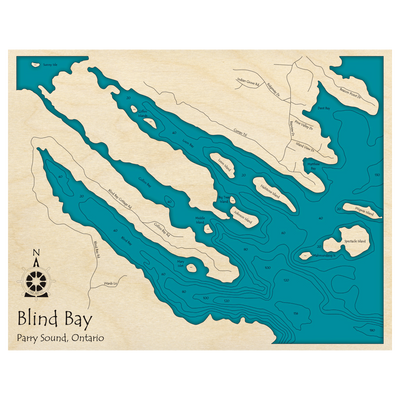 Bathymetric topo map of Blind Bay, ON with roads, towns and depths noted in blue water.