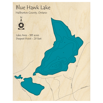 Bathymetric topo map of Blue Hawk Lake, ON with roads, towns and depths noted in blue water.