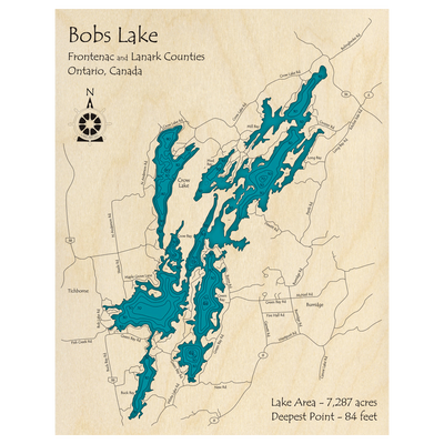 Bathymetric topo map of Bobs Lake, ON with roads, towns and depths noted in blue water.
