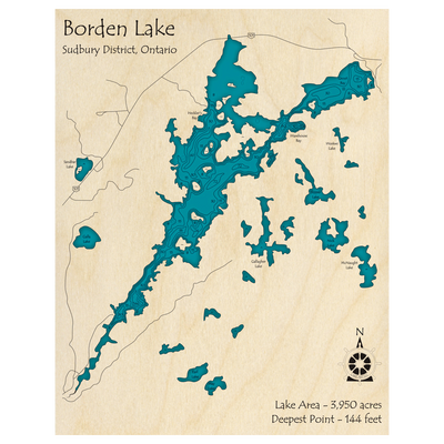 Bathymetric topo map of Borden Lake, ON with roads, towns and depths noted in blue water.