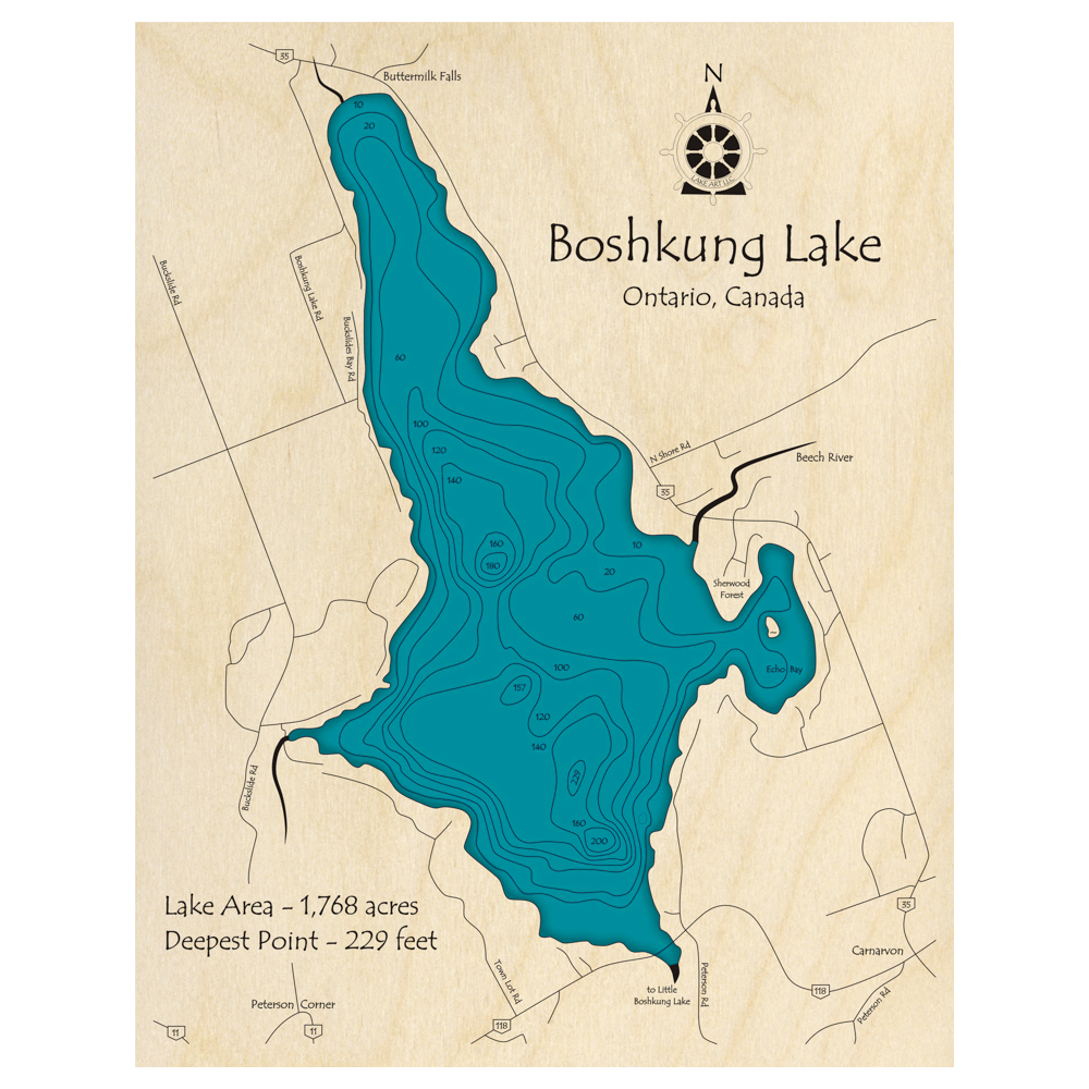 Bathymetric topo map of Boshkung Lake, ON with roads, towns and depths noted in blue water.