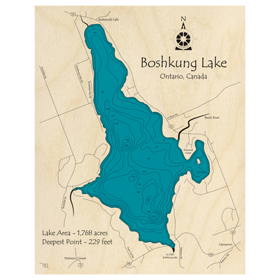 Bathymetric topo map of Boshkung Lake, ON with roads, towns and depths noted in blue water.