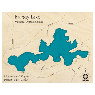 Bathymetric topo map of Brandy Lake, ON with roads, towns and depths noted in blue water.