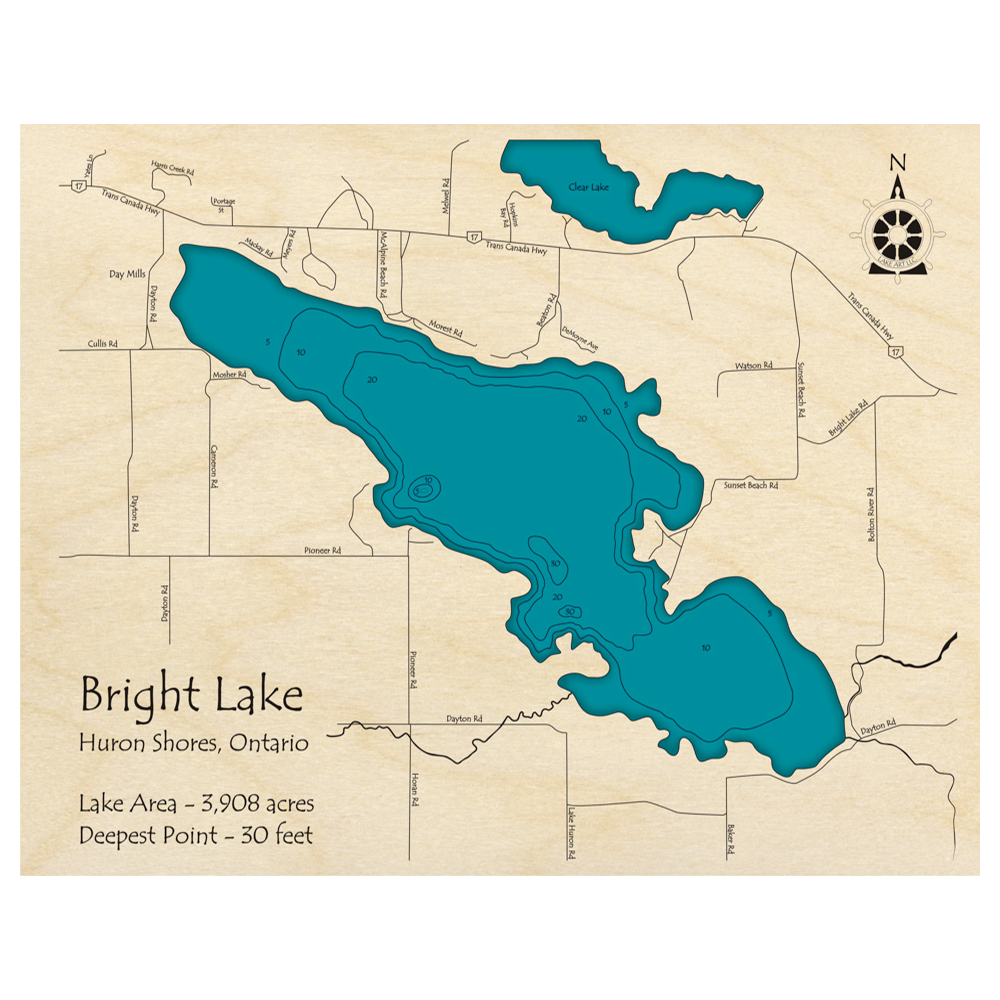 Bathymetric topo map of Bright Lake, ON with roads, towns and depths noted in blue water.