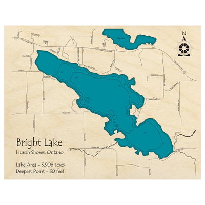 Bathymetric topo map of Bright Lake, ON with roads, towns and depths noted in blue water.